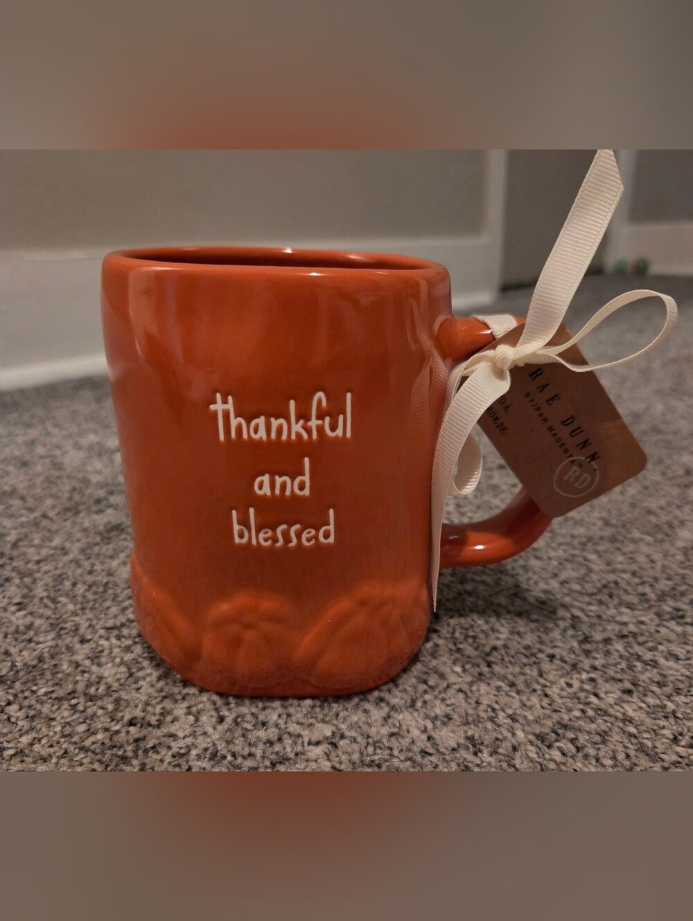 Thankful and Blessed RAE DUNN Orange Ceramic Mug Raised Pumpkin Design